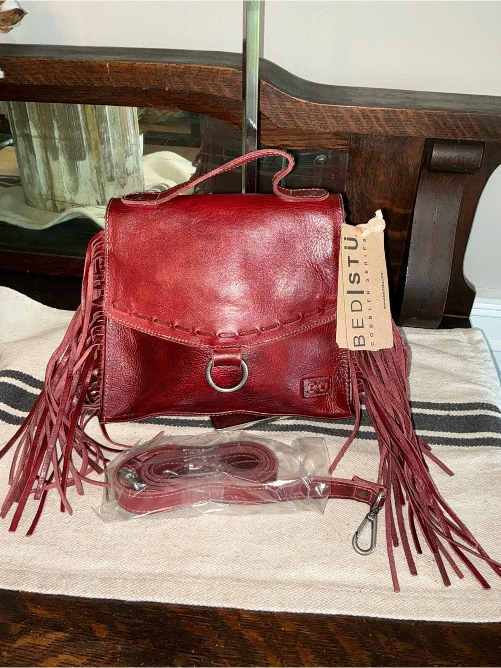 NWT Bed Stu Fringe Leather Hidden Crossbody Bag Handbag Cherry Lacquer MSRP $249 - Picture 1 of 14